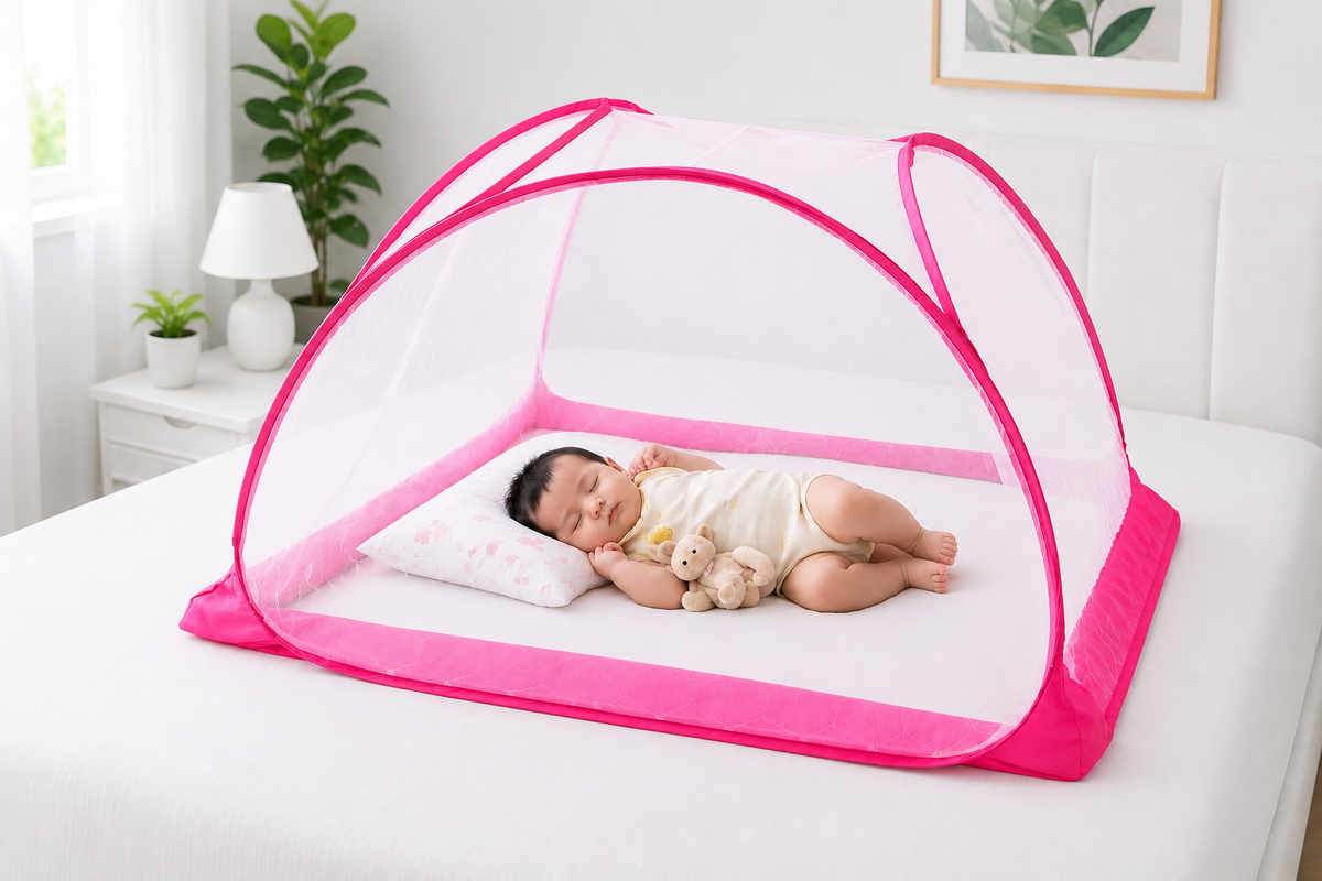 Pop-Up Baby Bed Tent – Pink Full-Coverage Mosquito Net (0–36 Months)