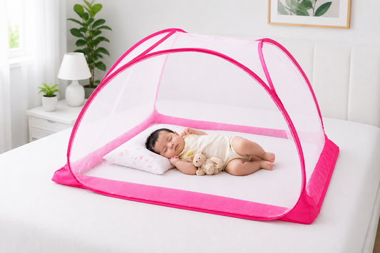 Pop-Up Baby Bed Tent – Pink Full-Coverage Mosquito Net (0–36 Months)